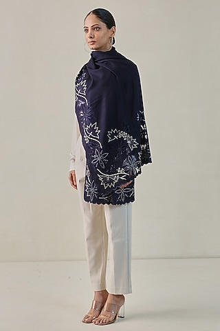 Dark Blue Fine Count Wool Swarovski Hand Embellished Pashmina Stole by Shaza