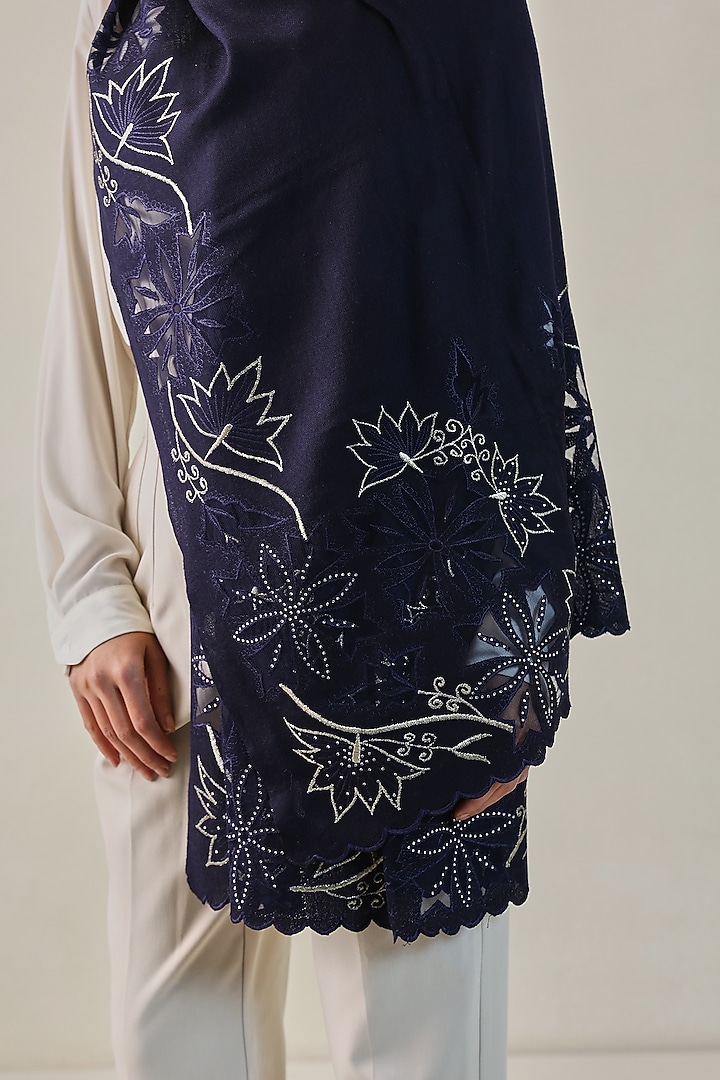 Dark Blue Fine Count Wool Swarovski Hand Embellished Pashmina Stole by Shaza at Pernia's Pop Up Shop