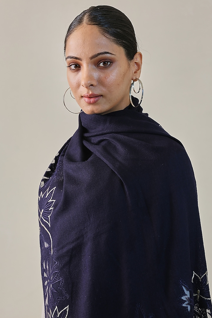 Dark Blue Fine Count Wool Swarovski Hand Embellished Pashmina Stole by Shaza at Pernia's Pop Up Shop