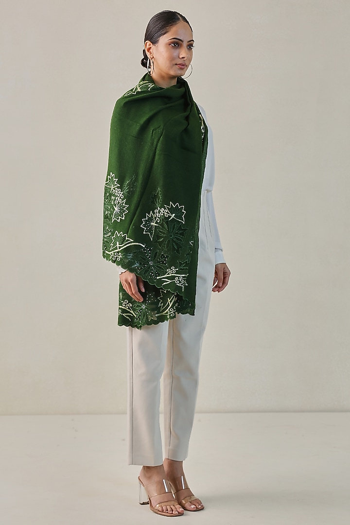 Dark Green Fine Count Wool Swarovski Hand Embellished Pashmina Stole by Shaza at Pernia's Pop Up Shop