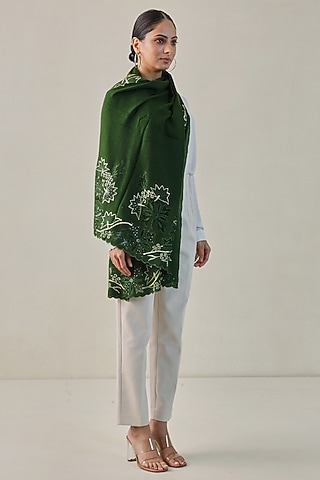 Dark Green Fine Count Wool Swarovski Hand Embellished Pashmina Stole by Shaza