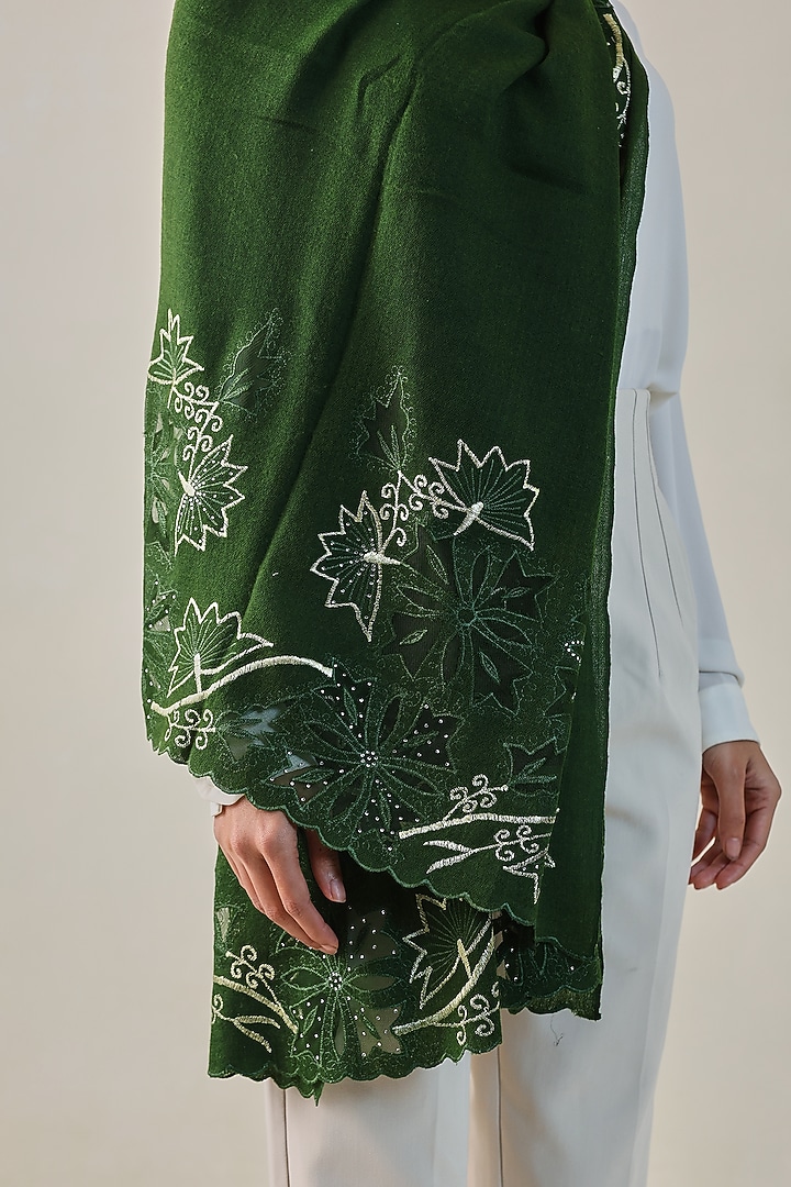 Dark Green Fine Count Wool Swarovski Hand Embellished Pashmina Stole by Shaza at Pernia's Pop Up Shop