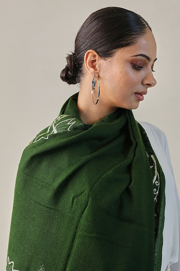 Dark Green Fine Count Wool Swarovski Hand Embellished Pashmina Stole by Shaza at Pernia's Pop Up Shop