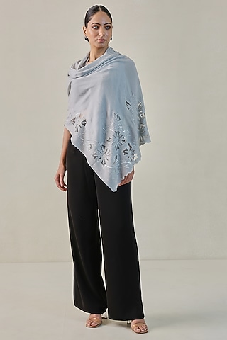 Silver Grey Fine Count Wool Swarovski Hand Embellished Pashmina Stole by Shaza