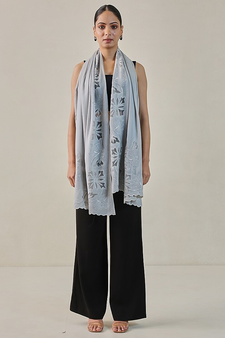 Silver Grey Fine Count Wool Swarovski Hand Embellished Pashmina Stole by Shaza at Pernia's Pop Up Shop