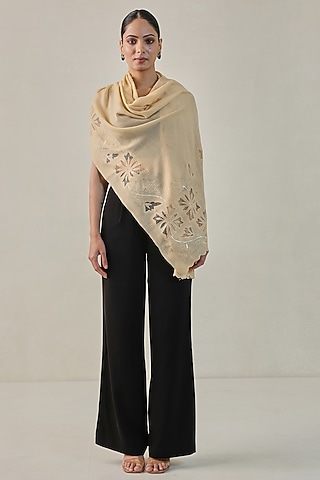 Light Lemon Fine Count Wool Swarovski Hand Embellished Pashmina Stole by Shaza