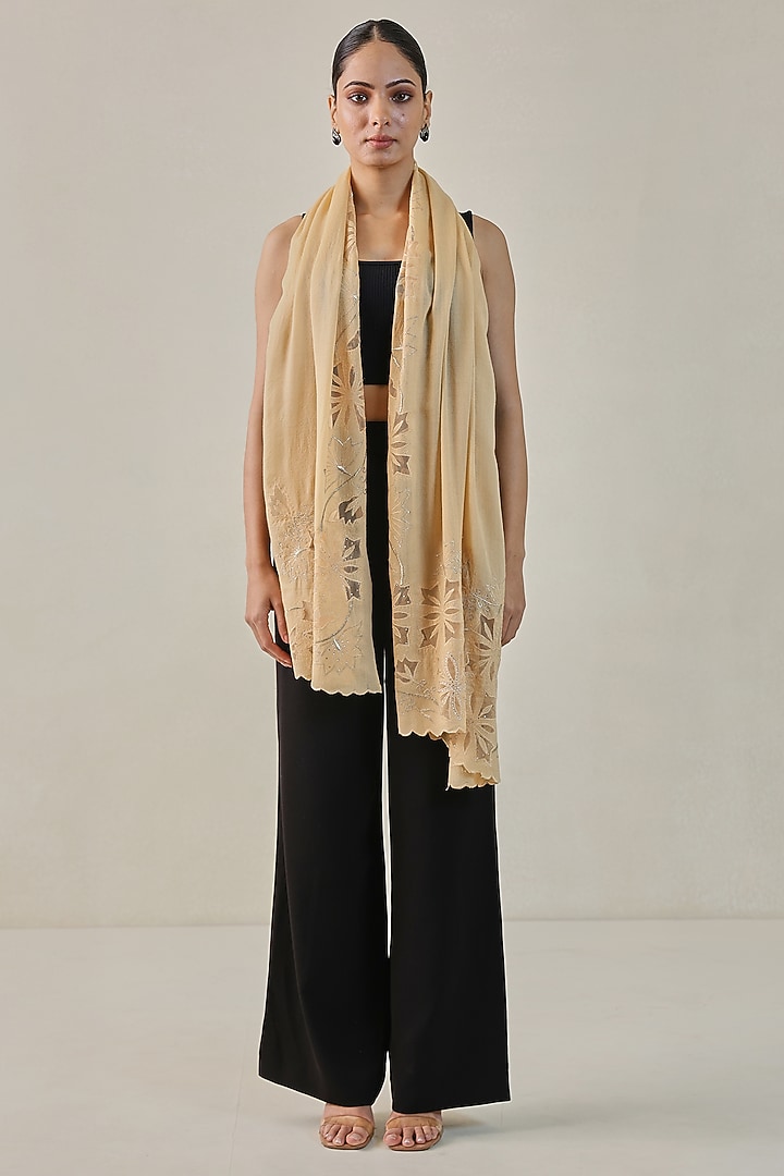 Light Lemon Fine Count Wool Swarovski Hand Embellished Pashmina Stole by Shaza at Pernia's Pop Up Shop