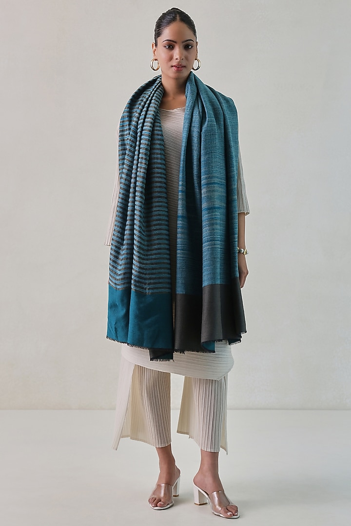 Teal Blue & Grey Pashmina Zari Striped Shawl by Shaza at Pernia's Pop Up Shop