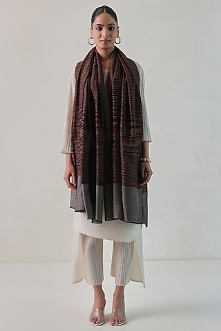 Red & Grey Pashmina Zari Striped Shawl by Shaza