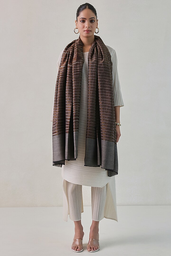 Brown & Grey Pashmina Zari Striped Shawl by Shaza at Pernia's Pop Up Shop