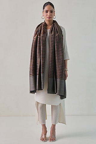 Brown & Grey Pashmina Zari Striped Shawl by Shaza