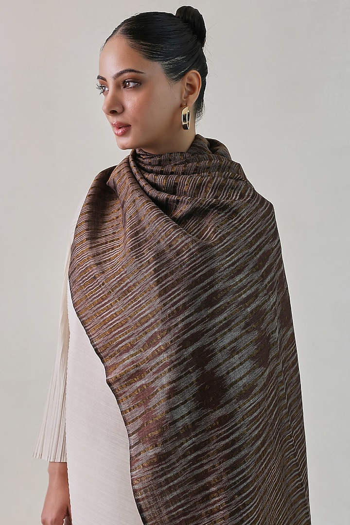 Brown & Grey Pashmina Zari Striped Shawl by Shaza at Pernia's Pop Up Shop