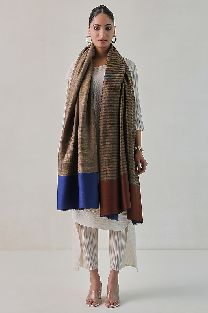 Brown & Blue Pashmina Zari Striped Shawl by Shaza at Pernia's Pop Up Shop