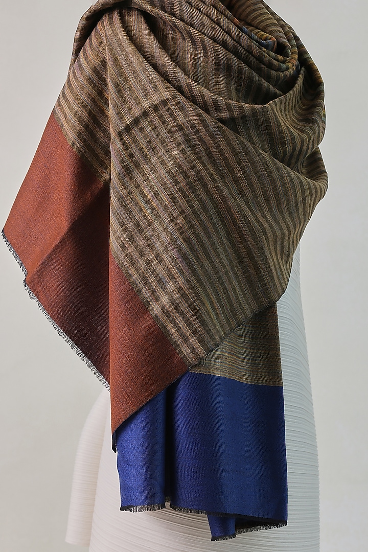 Brown & Blue Pashmina Zari Striped Shawl by Shaza at Pernia's Pop Up Shop