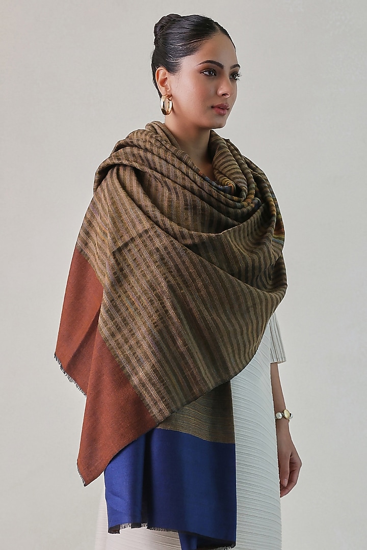 Brown & Blue Pashmina Zari Striped Shawl by Shaza at Pernia's Pop Up Shop