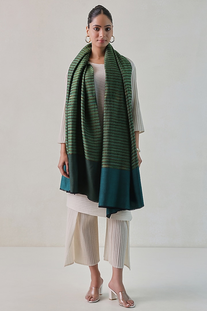 Green Pashmina Zari Striped Shawl by Shaza at Pernia's Pop Up Shop