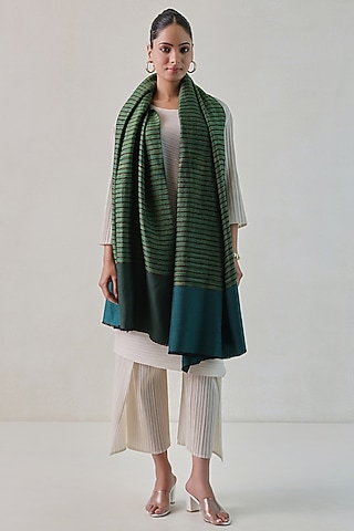 Green Pashmina Zari Striped Shawl by Shaza