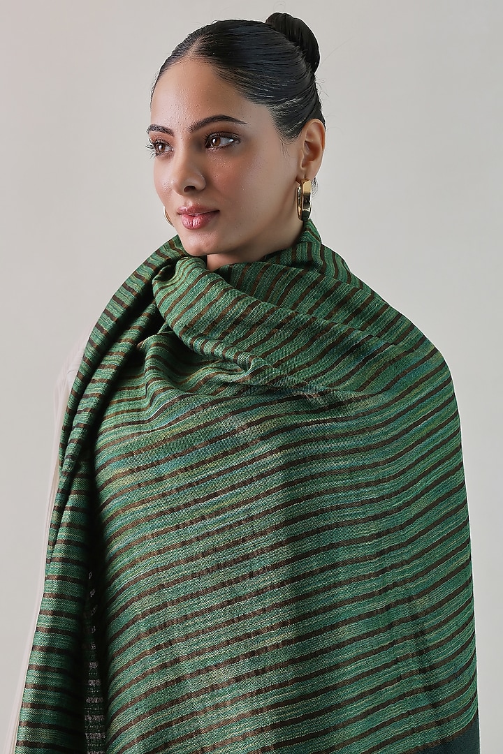 Green Pashmina Zari Striped Shawl by Shaza at Pernia's Pop Up Shop