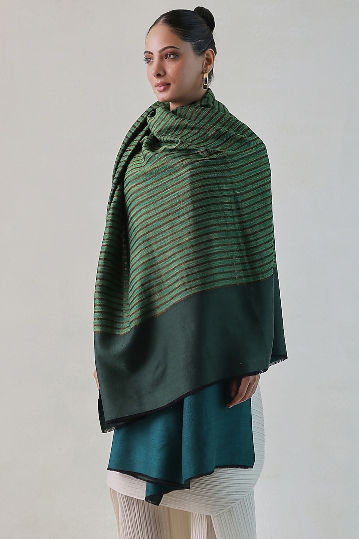 Green Pashmina Zari Striped Shawl by Shaza at Pernia's Pop Up Shop
