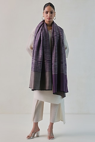 Blue Pashmina Zari Striped Shawl by Shaza