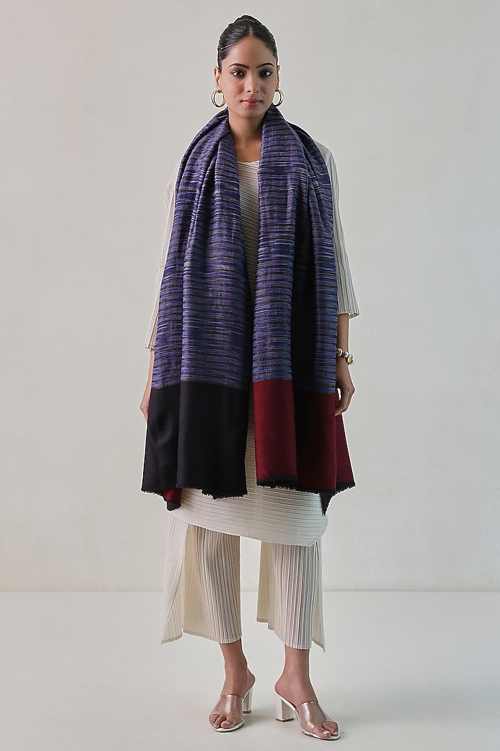 Blue & Red Pashmina Zari Striped Shawl by Shaza at Pernia's Pop Up Shop