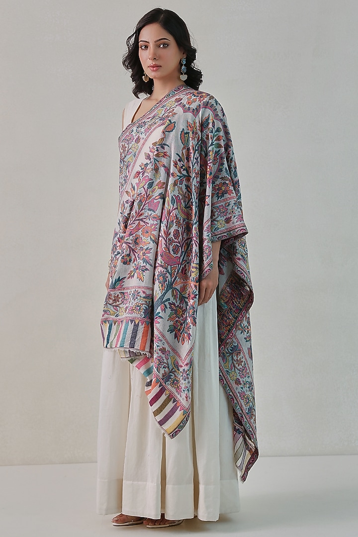 White Woolen Kani Weave Shawl by Shaza at Pernia's Pop Up Shop