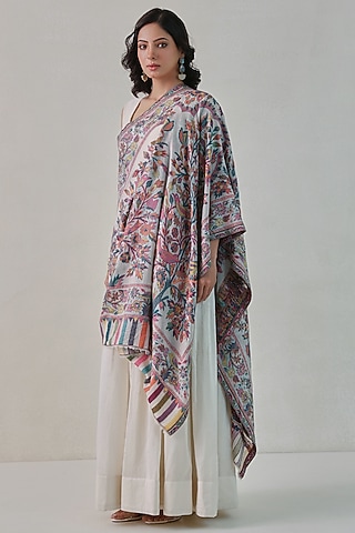 White Woolen Kani Weave Shawl by Shaza