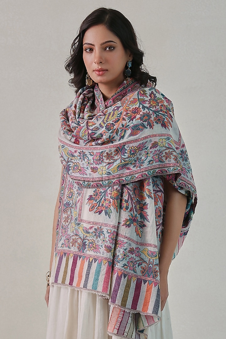 White Woolen Kani Weave Shawl by Shaza at Pernia's Pop Up Shop