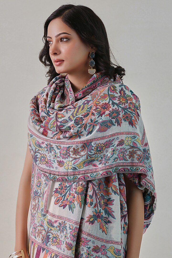 White Woolen Kani Weave Shawl by Shaza at Pernia's Pop Up Shop