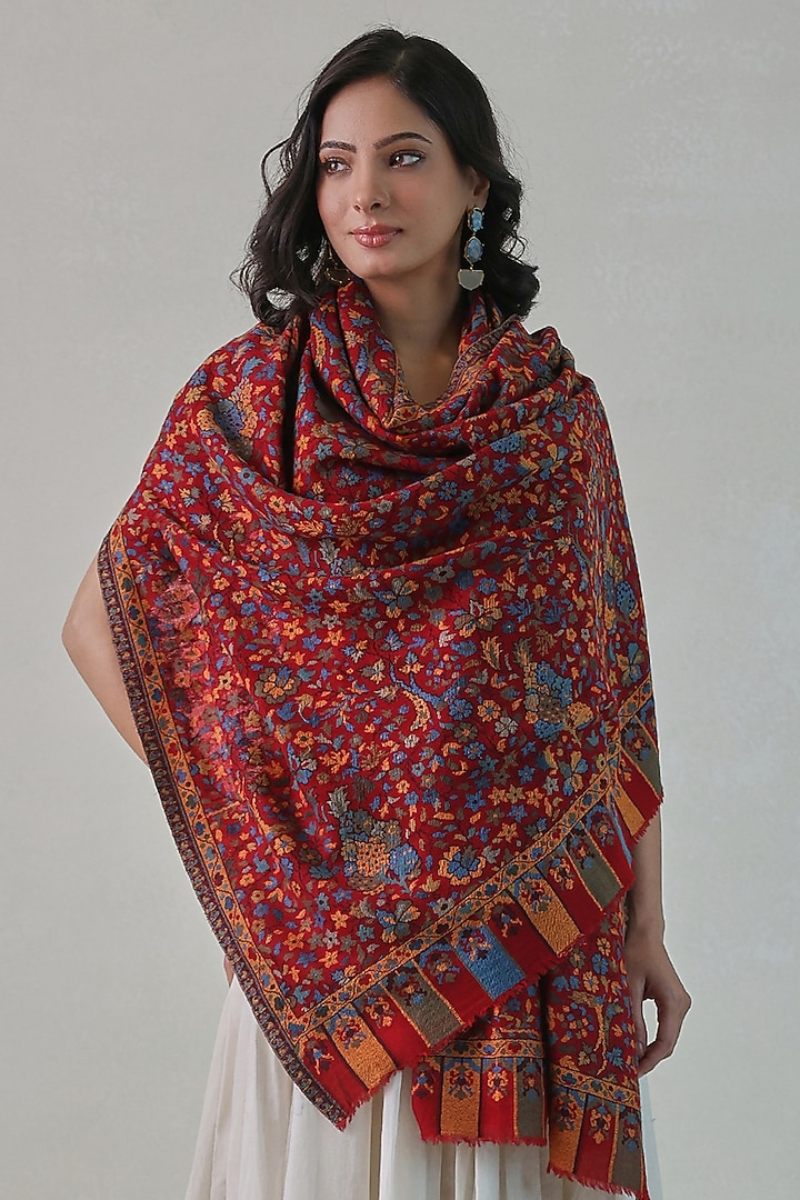 Red Woolen Kani Weave Shawl by Shaza at Pernia's Pop Up Shop
