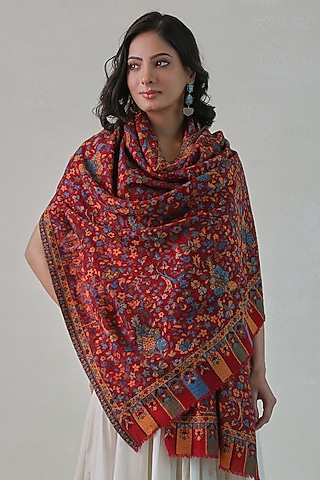 Red Woolen Kani Weave Shawl by Shaza
