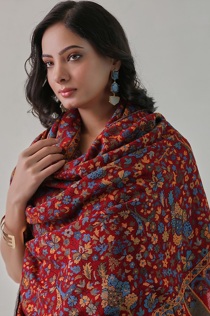 Red Woolen Kani Weave Shawl by Shaza at Pernia's Pop Up Shop