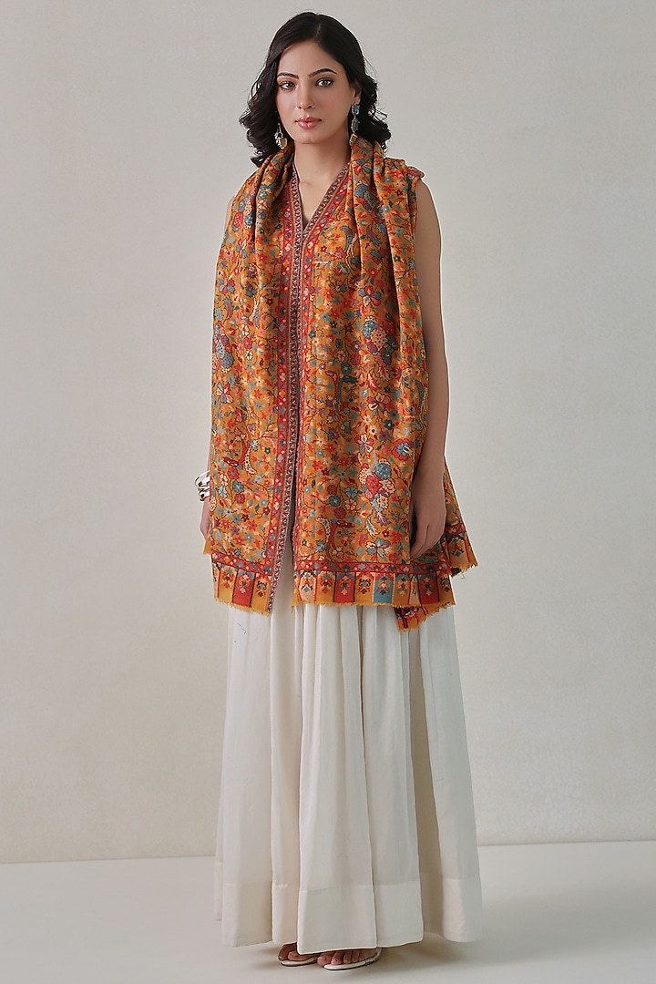 Mustard Woolen Kani Weave Shawl by Shaza at Pernia's Pop Up Shop