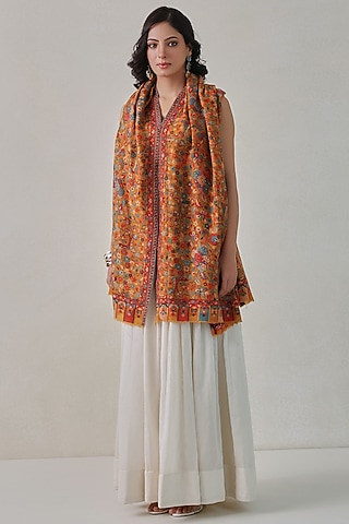 Mustard Woolen Kani Weave Shawl by Shaza
