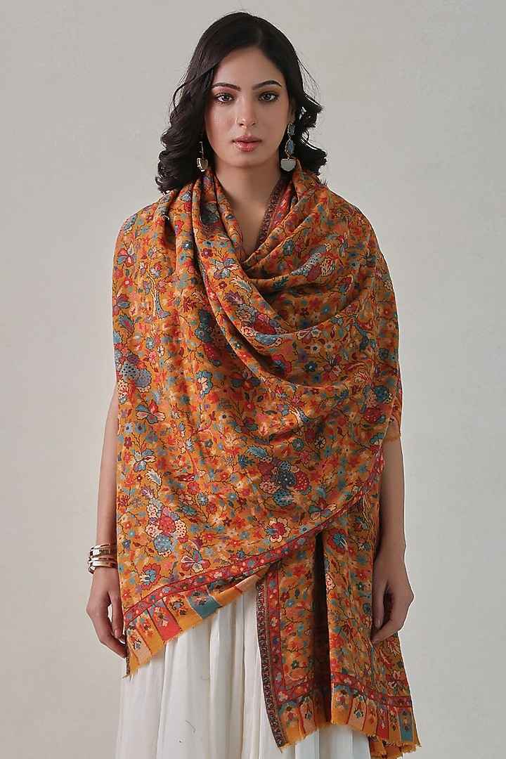 Mustard Woolen Kani Weave Shawl by Shaza at Pernia's Pop Up Shop