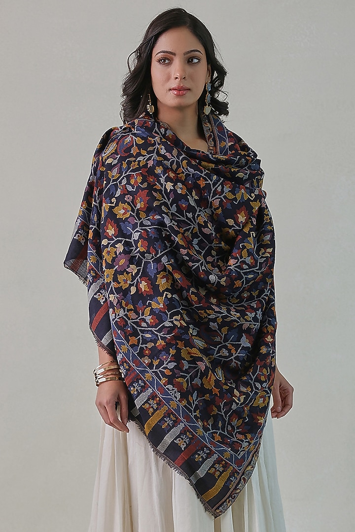 Black Woolen Kani Weave Shawl by Shaza at Pernia's Pop Up Shop