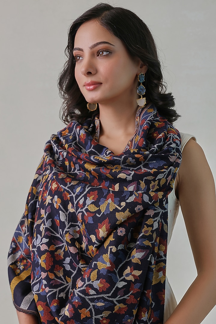 Black Woolen Kani Weave Shawl by Shaza at Pernia's Pop Up Shop