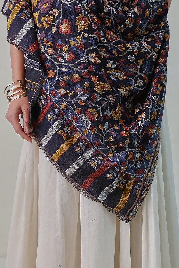 Black Woolen Kani Weave Shawl by Shaza at Pernia's Pop Up Shop