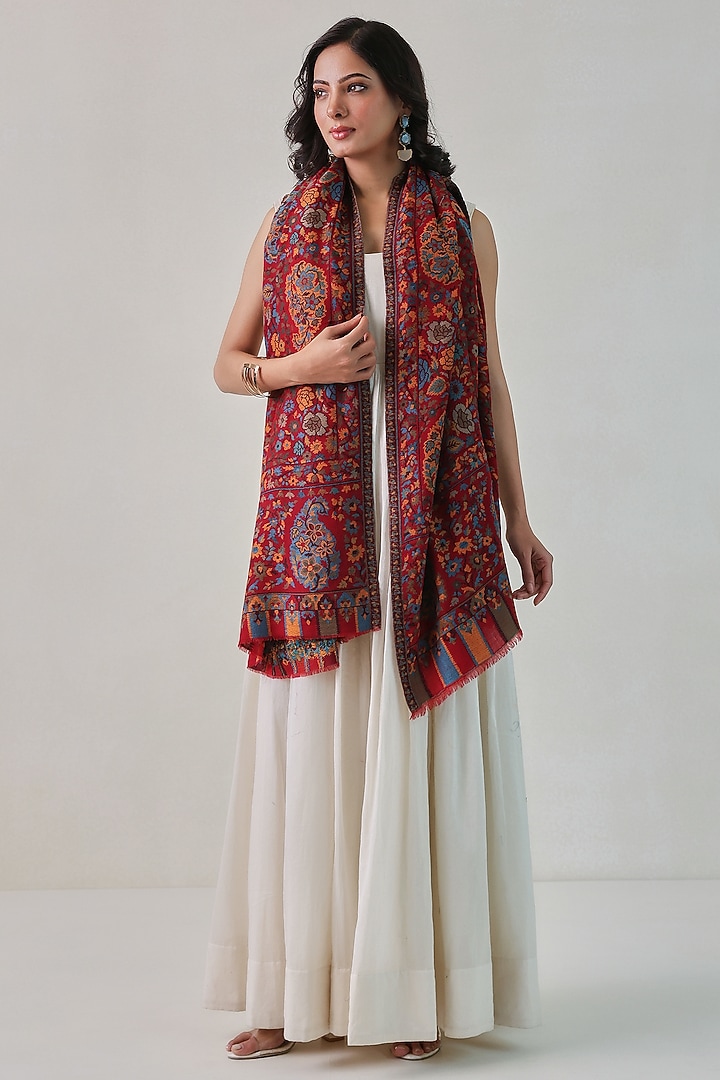 Red Woolen Kani Weave Shawl by Shaza at Pernia's Pop Up Shop