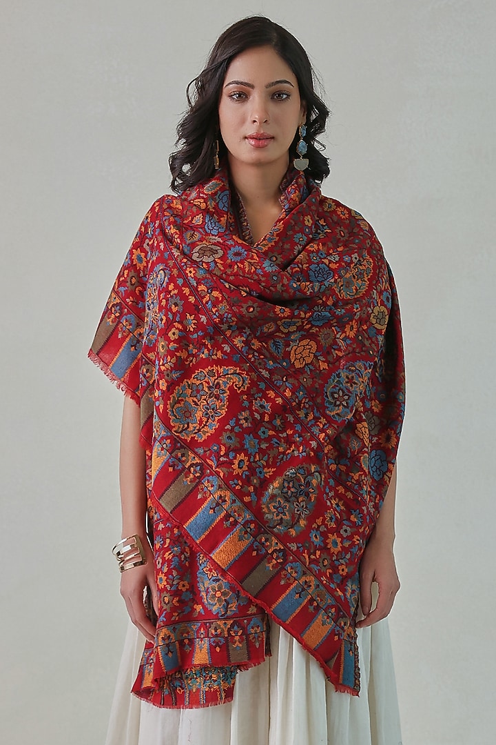 Red Woolen Kani Weave Shawl by Shaza at Pernia's Pop Up Shop
