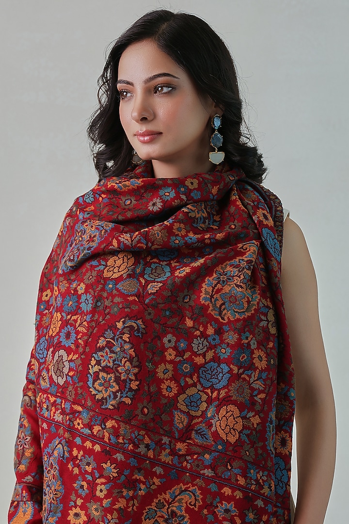 Red Woolen Kani Weave Shawl by Shaza at Pernia's Pop Up Shop
