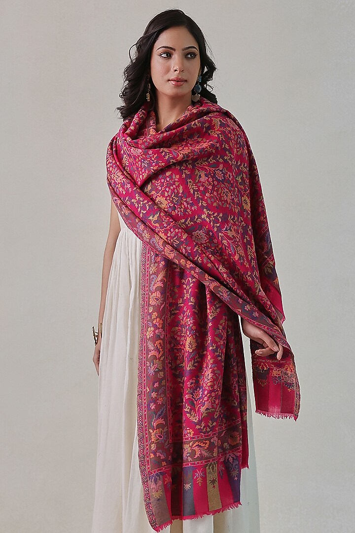 Pink Woolen Kani Weave Shawl by Shaza at Pernia's Pop Up Shop
