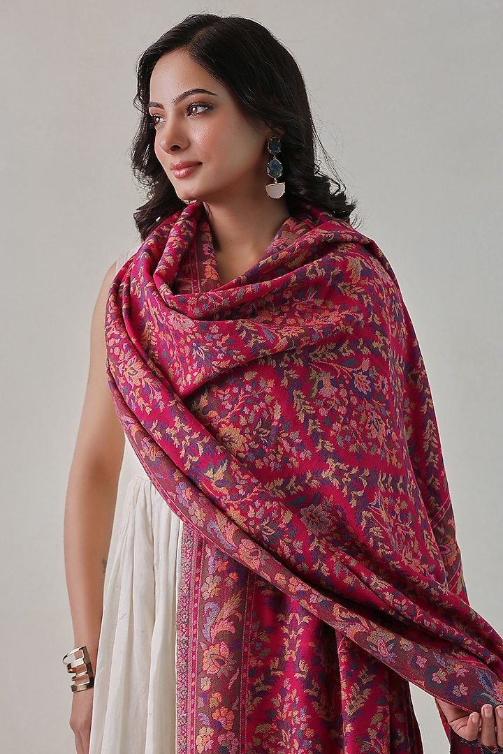 Pink Woolen Kani Weave Shawl by Shaza at Pernia's Pop Up Shop