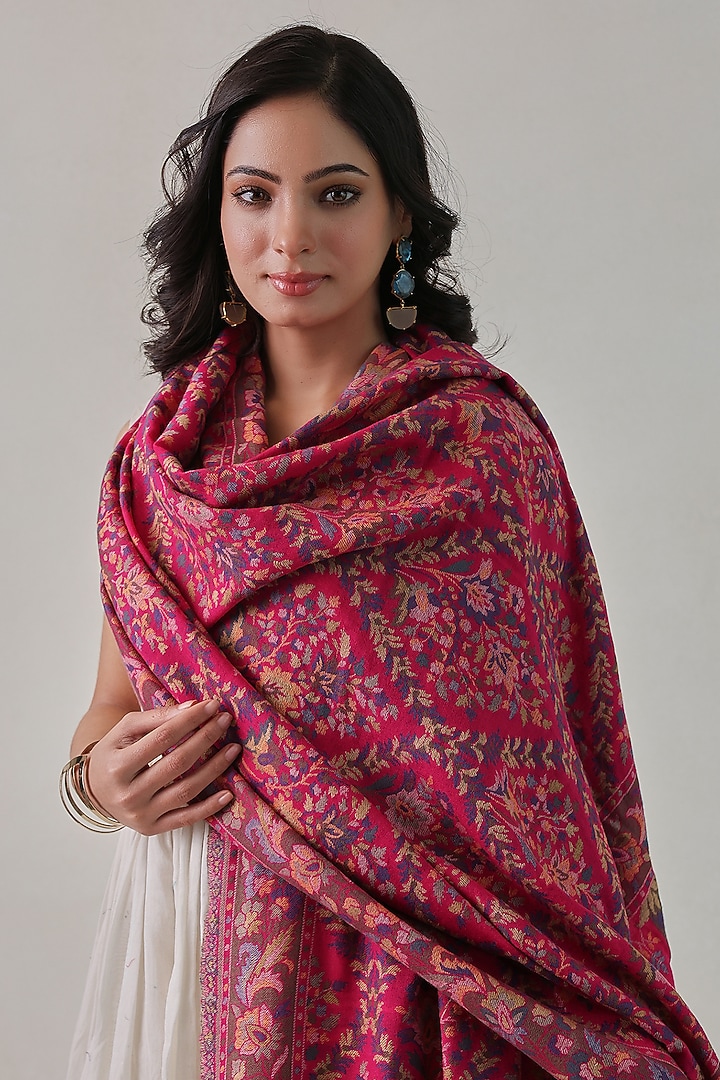 Pink Woolen Kani Weave Shawl by Shaza at Pernia's Pop Up Shop
