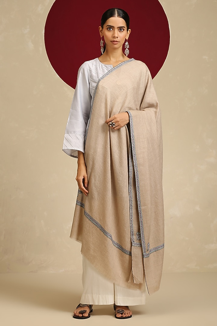 Natural Beige Pashmina Hand Embroidered Shawl by Shaza at Pernia's Pop Up Shop