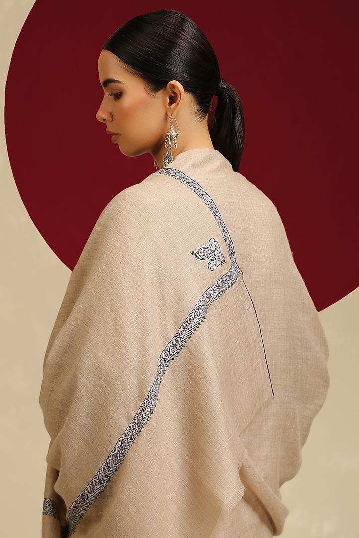 Natural Beige Pashmina Hand Embroidered Shawl by Shaza at Pernia's Pop Up Shop