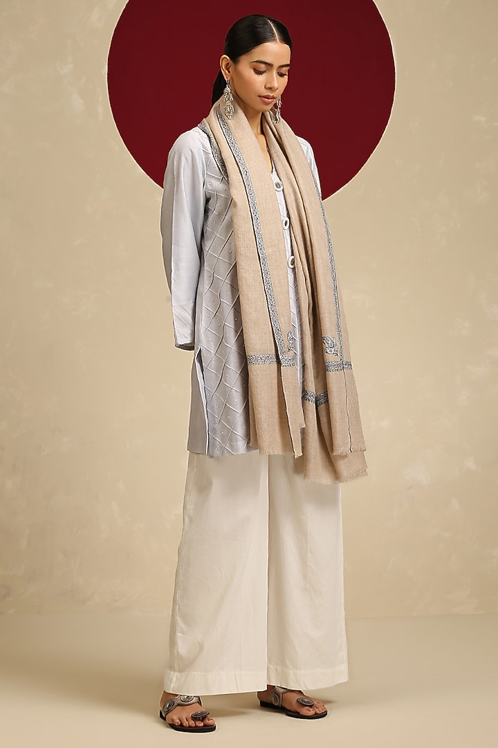 Natural Beige Pashmina Hand Embroidered Shawl by Shaza at Pernia's Pop Up Shop
