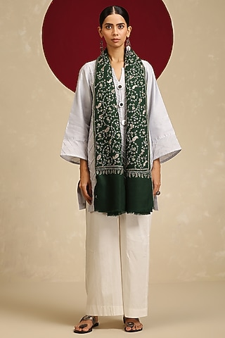 Green Pashmina Hand Embroidered Shawl by Shaza