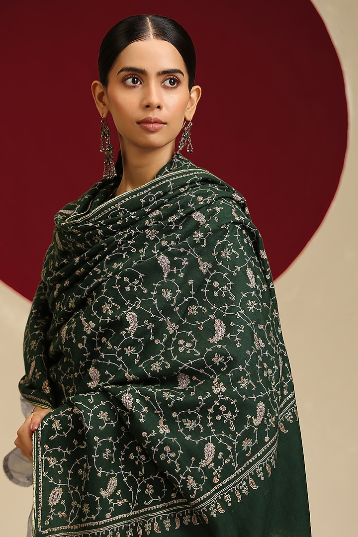 Green Pashmina Hand Embroidered Shawl by Shaza at Pernia's Pop Up Shop