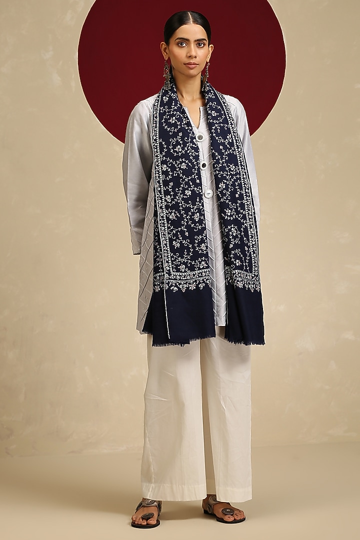 Blue Pashmina Hand Embroidered Shawl by Shaza at Pernia's Pop Up Shop